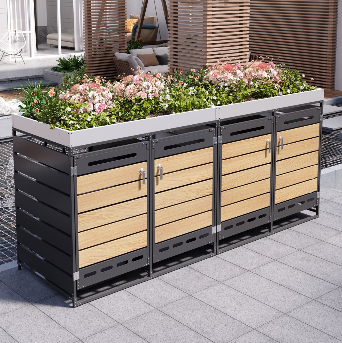 COVREO Containerberging 262x79x120 cm zwart met plantenbak en slot