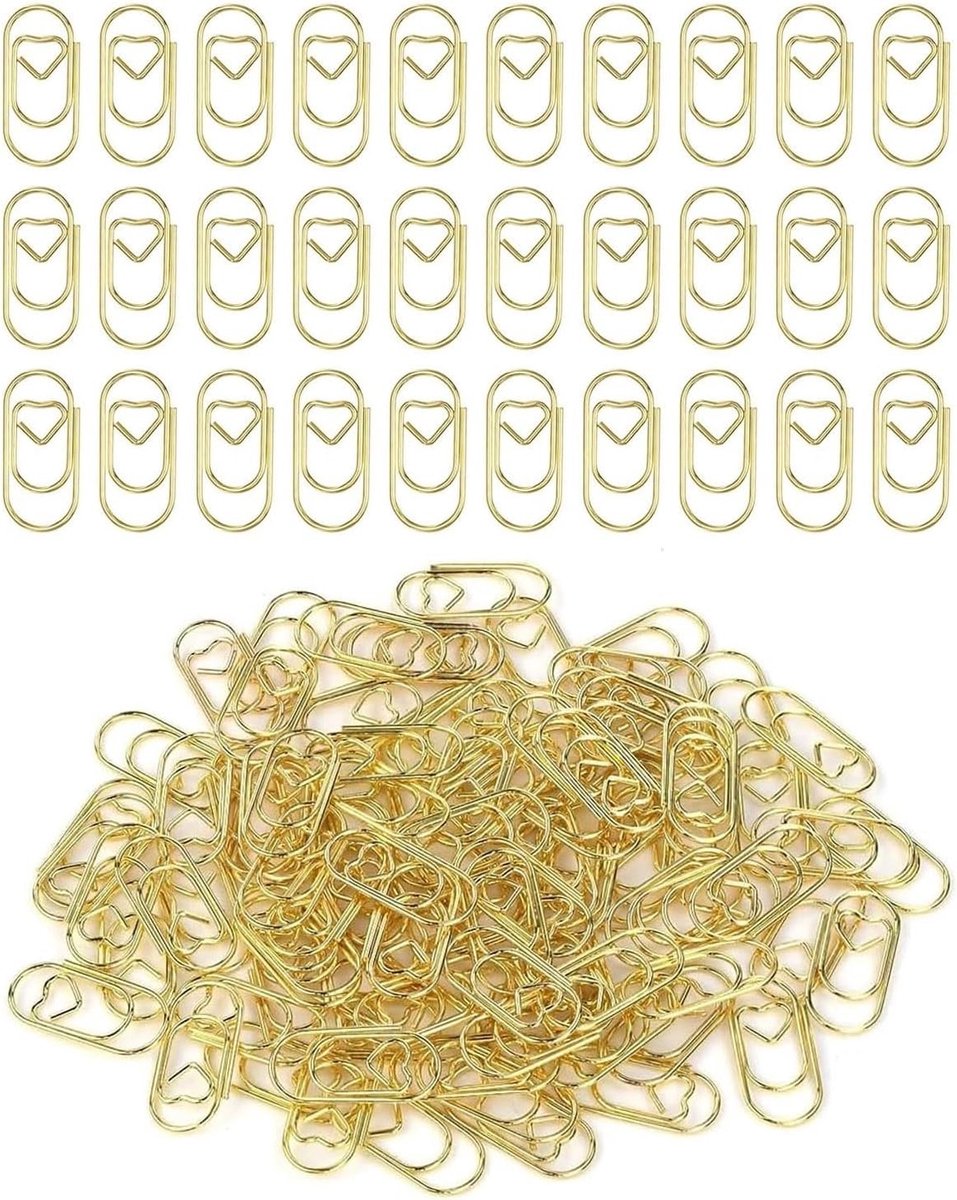 Set van 100 Gouden Paperclips van RVS - Kleine Ovale Paperclips met Hartmotief voor Postkaarten, Kantoor, School en Documenten Decoratie