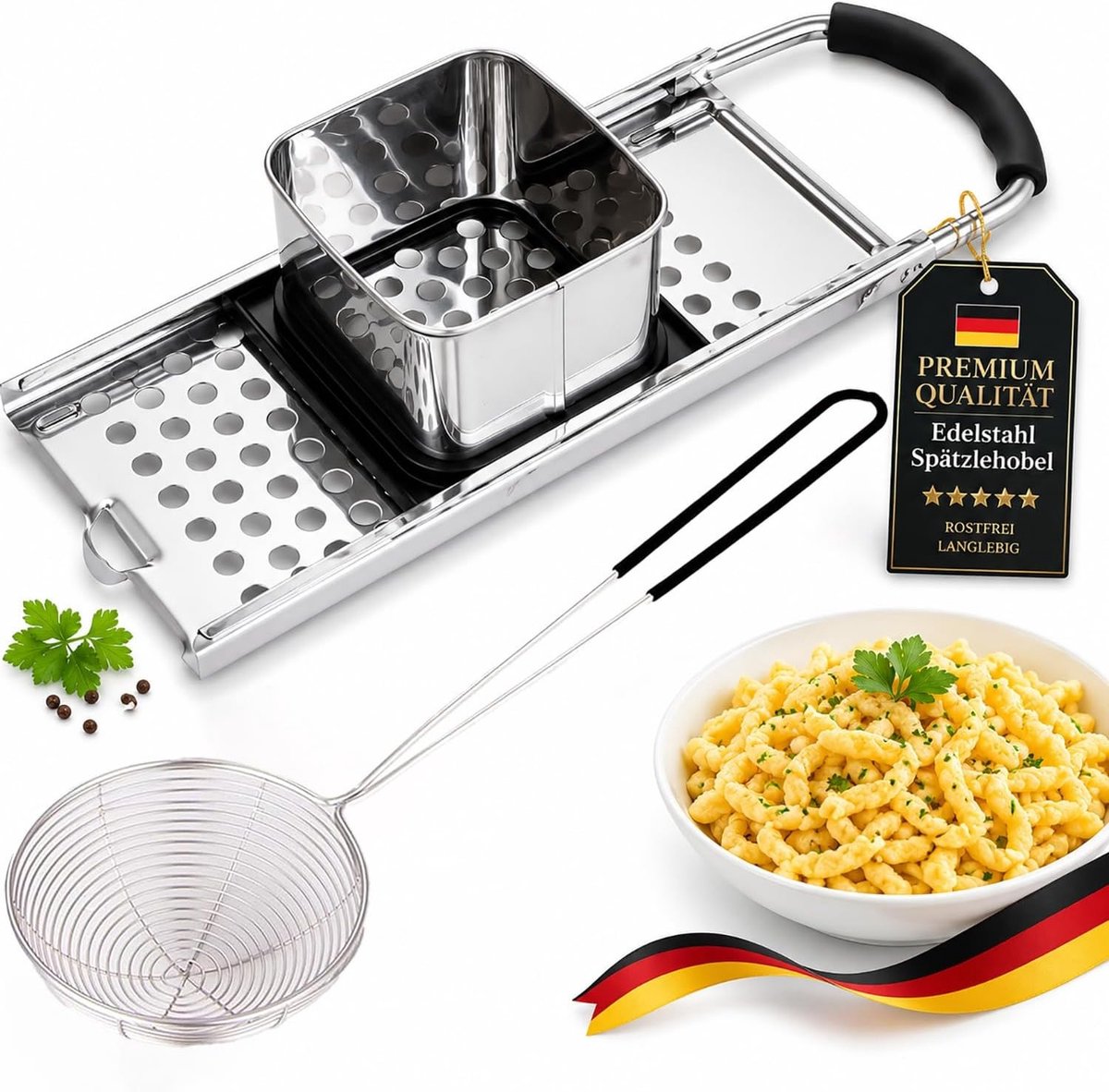 Râpe à Spaetzle in RVS, Machine voor het Maken van Spaetzle, Inclusief Glijbaan voor Deeg, Ideaal voor Spaghetti en Pâtes, Eenvoudig in Gebruik en Onderhoud