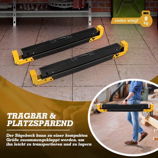 COSTWAY Werkbok, 2 x in hoogte verstelbaar, tot 1180 kg belastbaar, inklapbare zaagbok, antislip pvc-bovenkant, draagbare onderstelbok met handvat, opvouwbare steiger, klapbok, geel + zwart van Costway — afbeelding 4