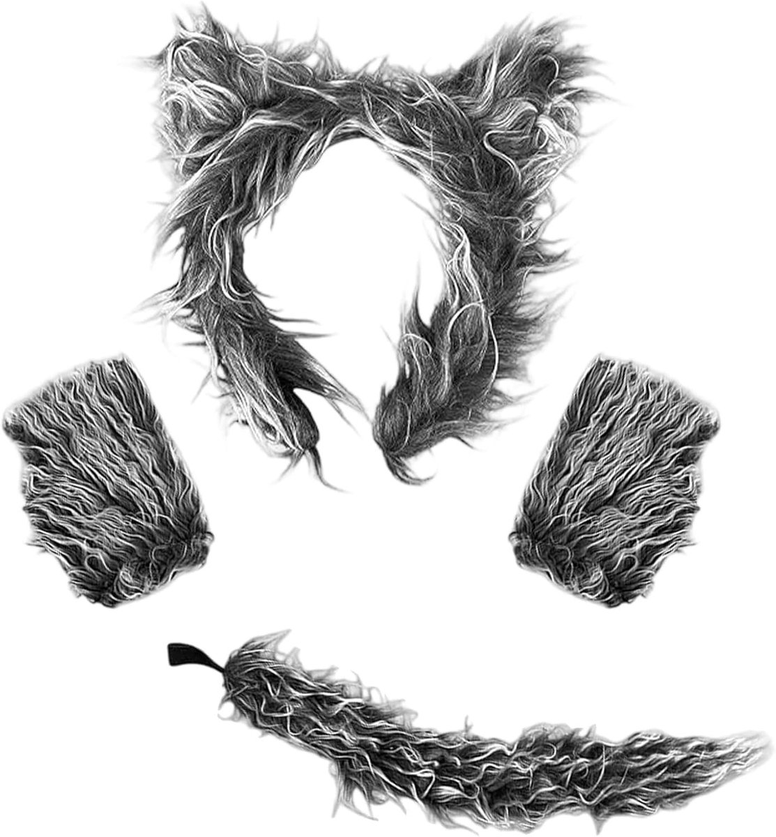 Wolf Kostuum Accessoires Set met Oren, Pluche Staart en Handschoenen voor Halloween, Carnaval en Cosplay Feesten