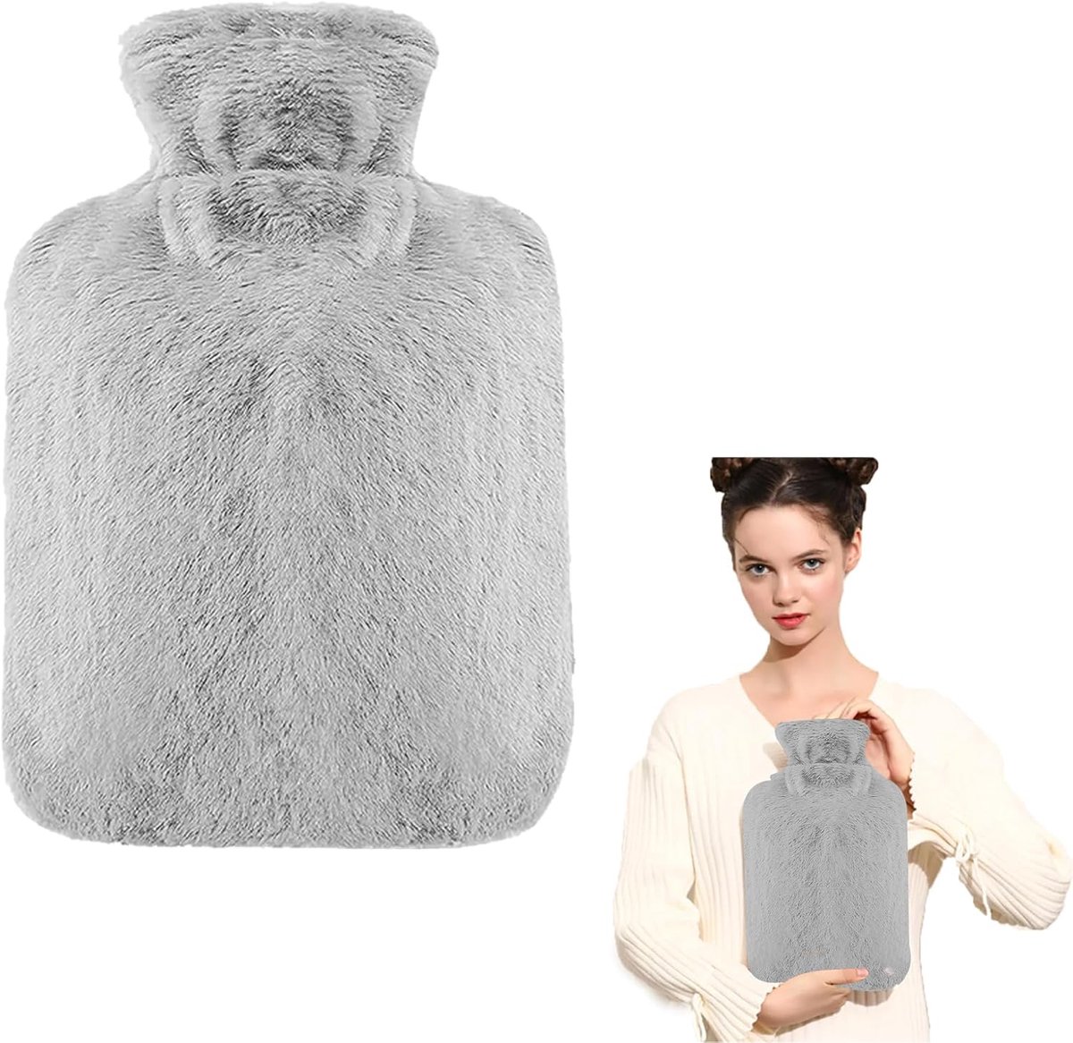 warmwaterkruik met hoes - warmwaterkruik - warmwaterkoker - warmwaterzak - hot water bottle - warmwaterkruik met hoes - Grote 2L warmwaterkruik - Pluche Grijs- Winter Accessoires - Een prachtig cadeau voor familie en vrienden (lichtgrijs)