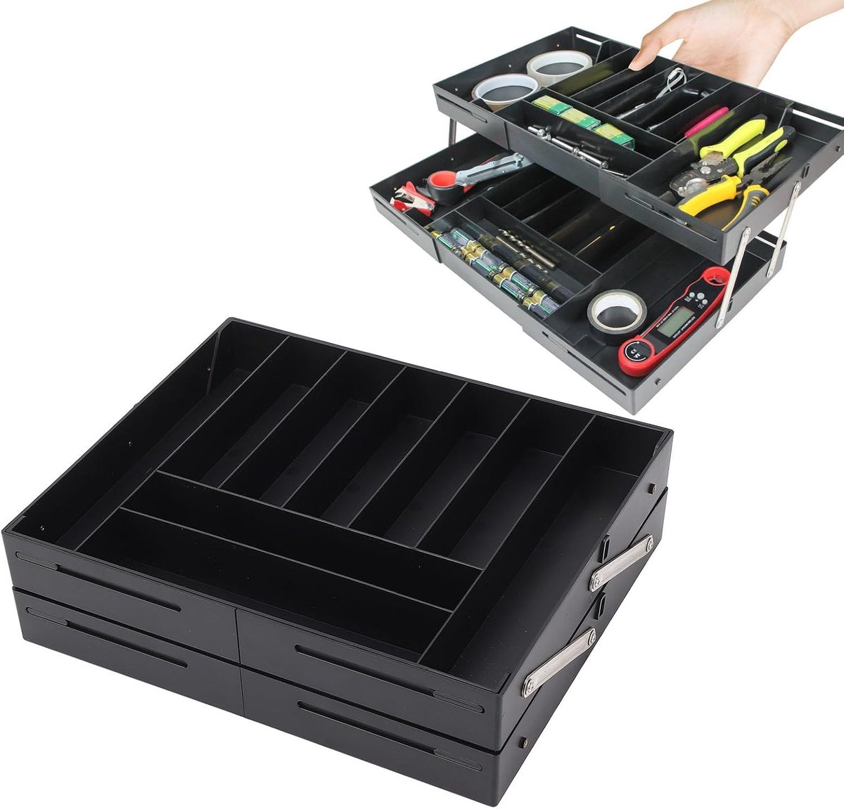 Ruimtebesparende 2-Tier Lade Organizer voor Bureau, Make-up en Sieraden - Uitschuifbare en Multifunctionele Oplossing in Zwart