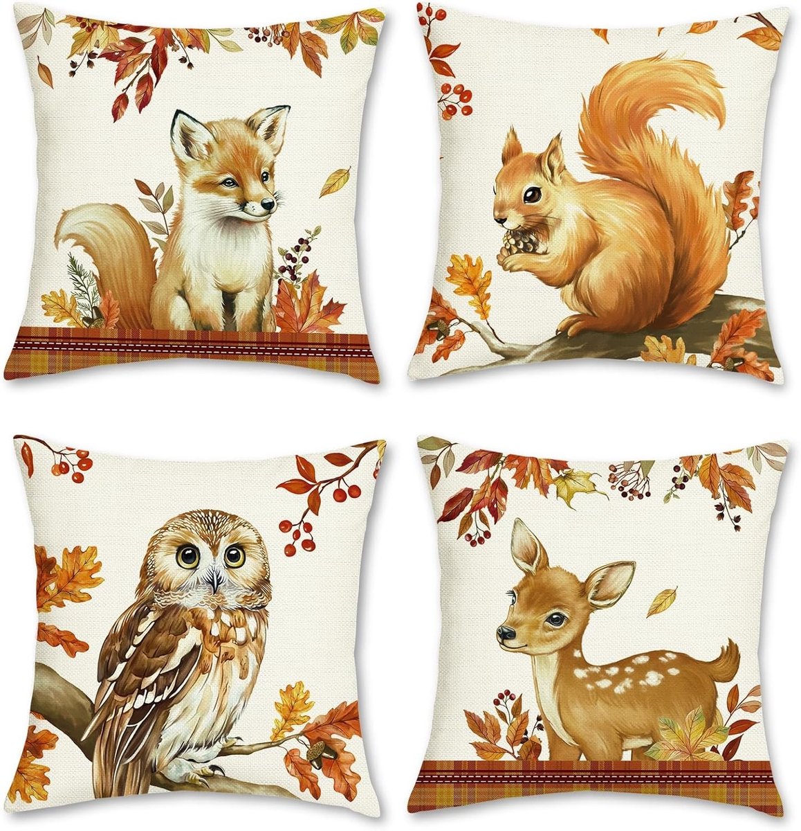 Decoratieve Kussenslopen met Herfstdieren - Vos, Eekhoorn, Uil en Hert - Set van 4 - Polyester Kussenslopen voor Bank en Bed 45x45cm