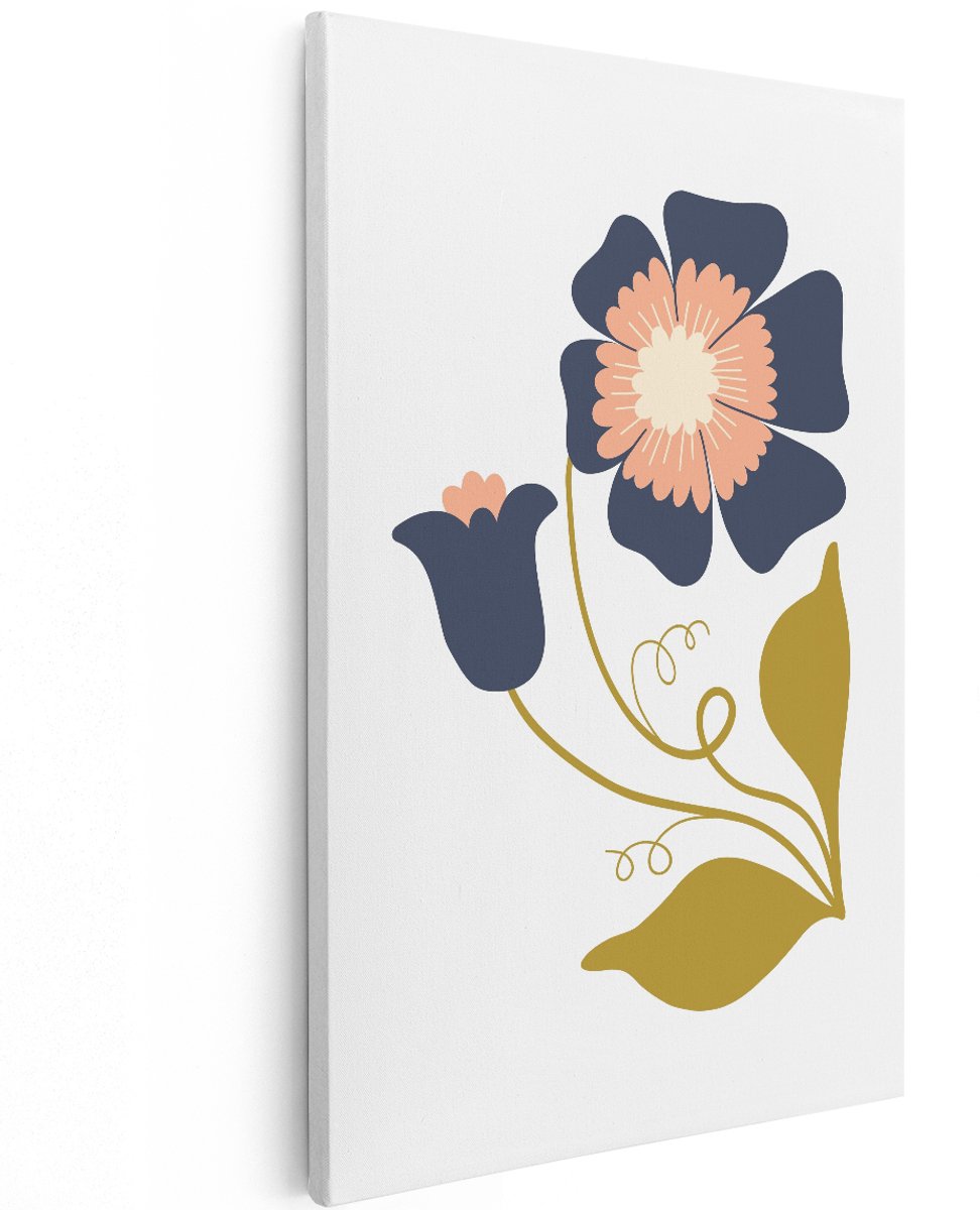 Artaza Canvas Schilderij Bloemen - 100x150 cm - Groot - Wanddecoratie Boho - Muurdecoratie Retro Bloem - Decoratie Woonkamer - Donkerblauw