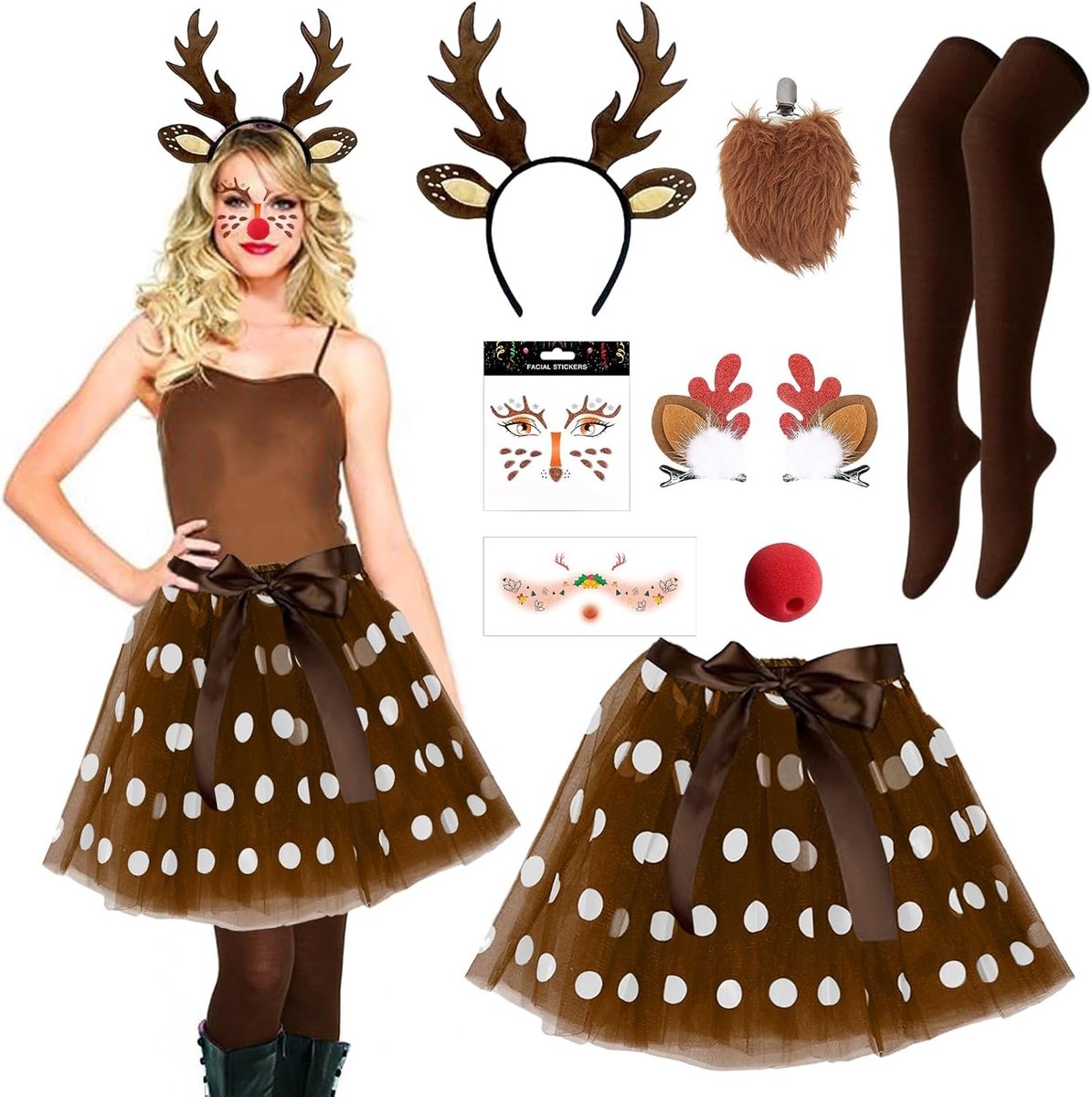 Carnaval Kostuum voor Vrouwen met 8 Stukken - Tulle Rok, Hert Antlers Haarband en Gezichtstatoeages voor Cosplay en Feestjes