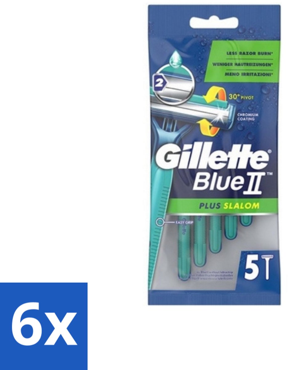 6 x Gillette Blue II - Plus Slalom - Wegwerpscheermesjes - 5 Scheermesjes - Wegwerp Scheermesjes - Scheermesjes Voor Mannen - Gillette Blue II - Scheermesjes - Scheermesjes Met Lubrifiant
