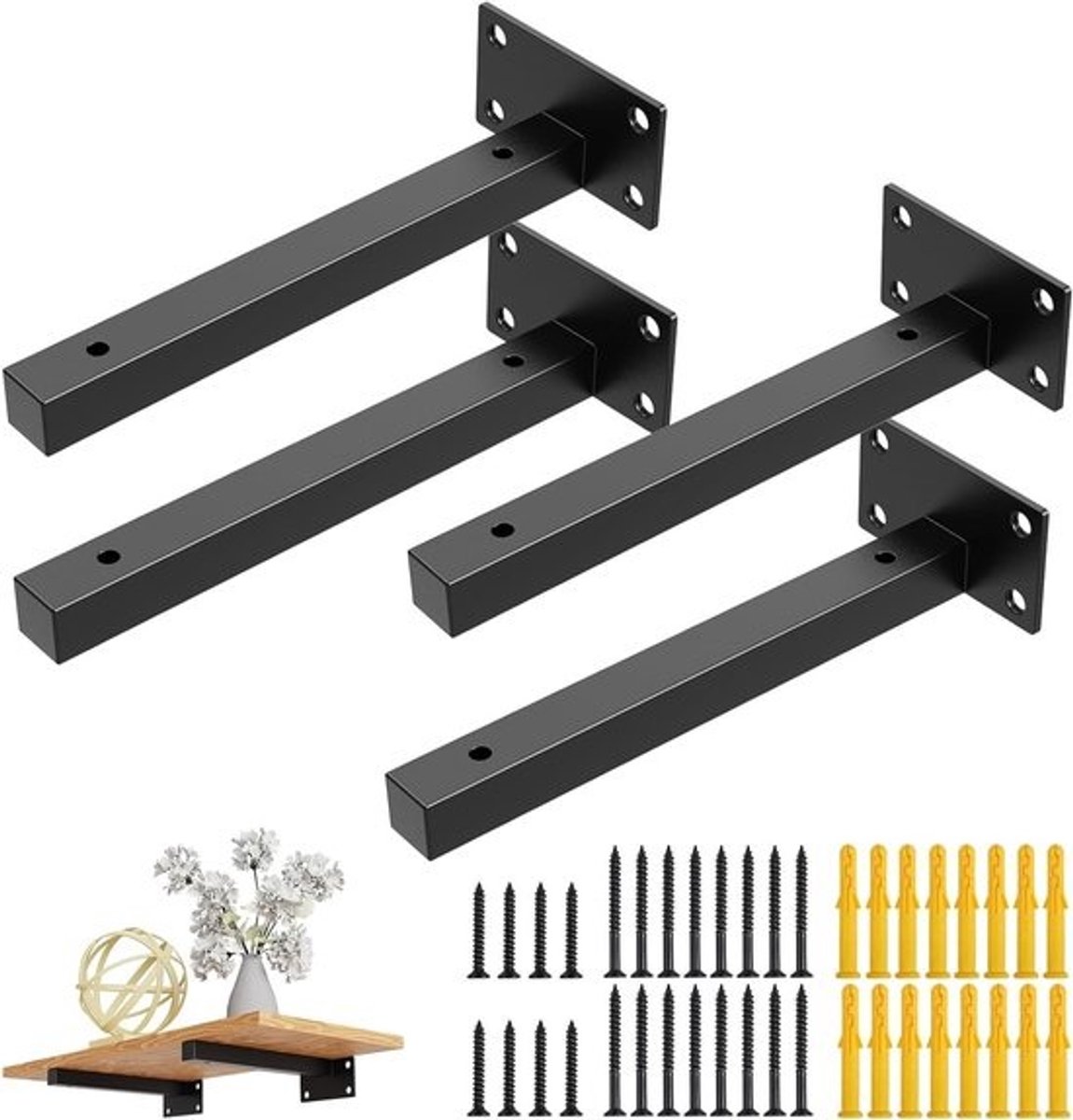 Wanddragers - 4 stuks - plankondersteuning - dragers voor zware last voor wandrek, producthouder, zwevende plankdrager voor wandconsole, zwart, van roestvrij staal, 70 kg draagkracht (25 cm)