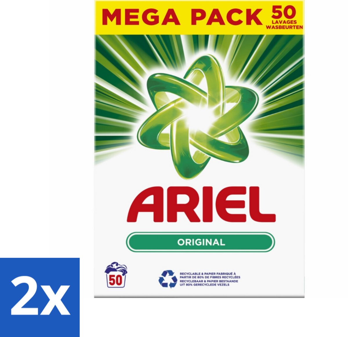 2 x Ariel Original - Waspoeder - Witte en Lichtgekleurde Was - 50 Wasbeurten - Ariel Original - Waspoeder - Wasmiddel - Witwas - Lichte Kleuren