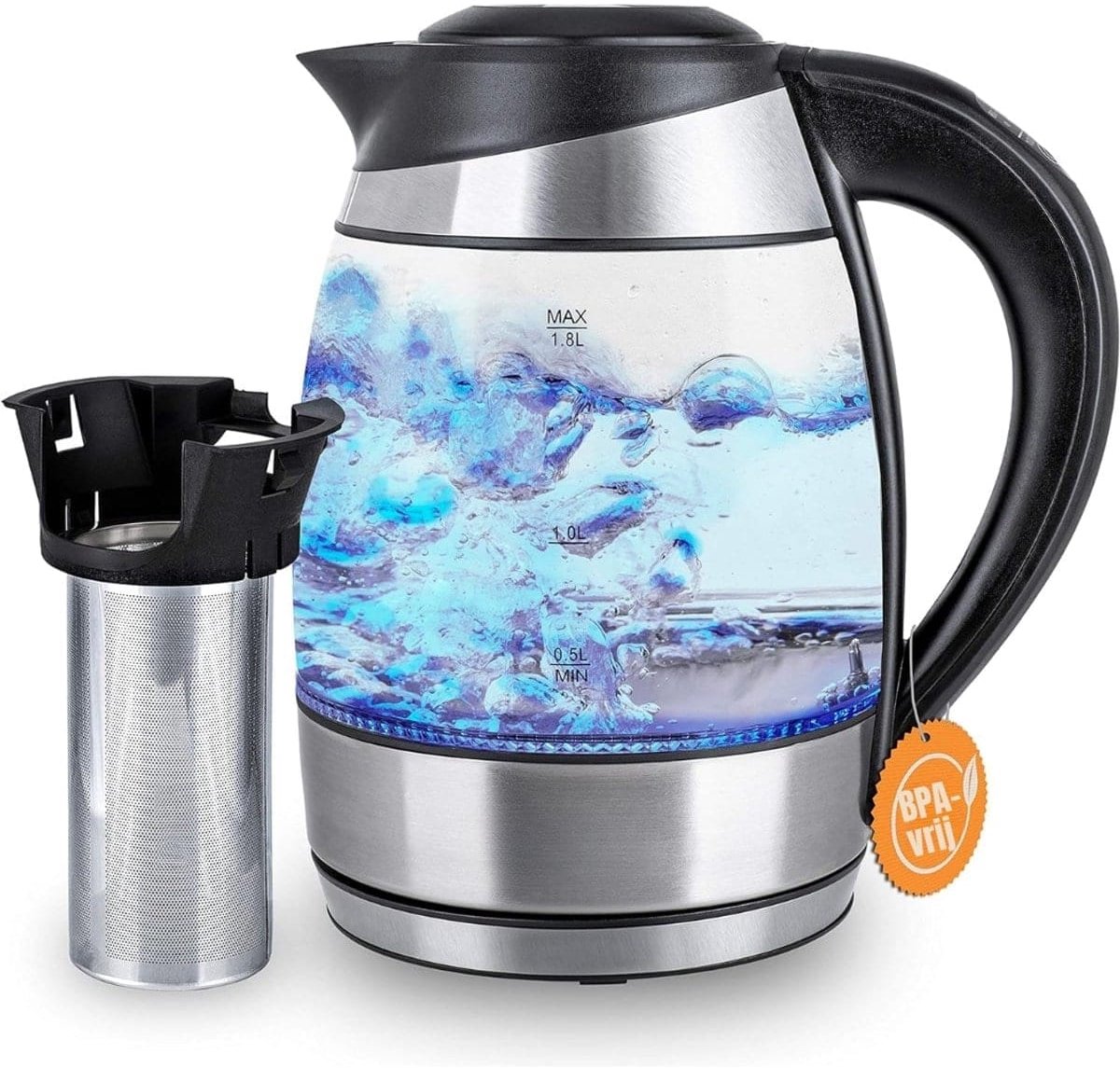 Klarven® Waterkoker Glas - Zilver - Theezeefje en kalkfilter - Roestvrij staal - 1,8 liter