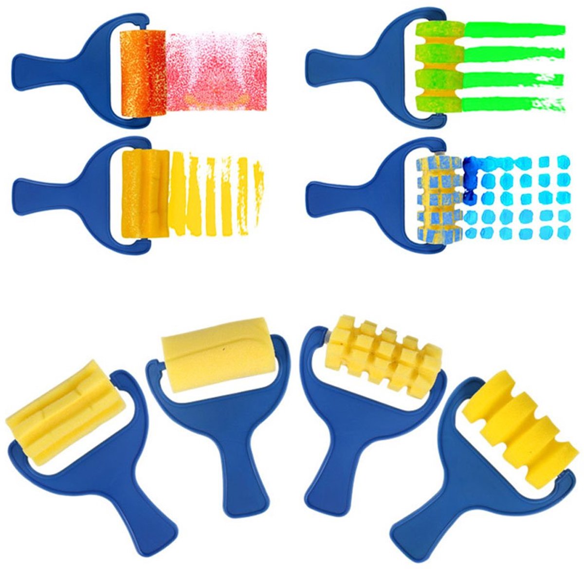 4x Verfrollers - Sponsrollers met textuur - Verfrollers kinderen - Textuurrollers - Verfstructuur maken - Knutselen - Reliëf verf rollers - Schilderen - Paint rollers - Blauw/geel - Jonyx