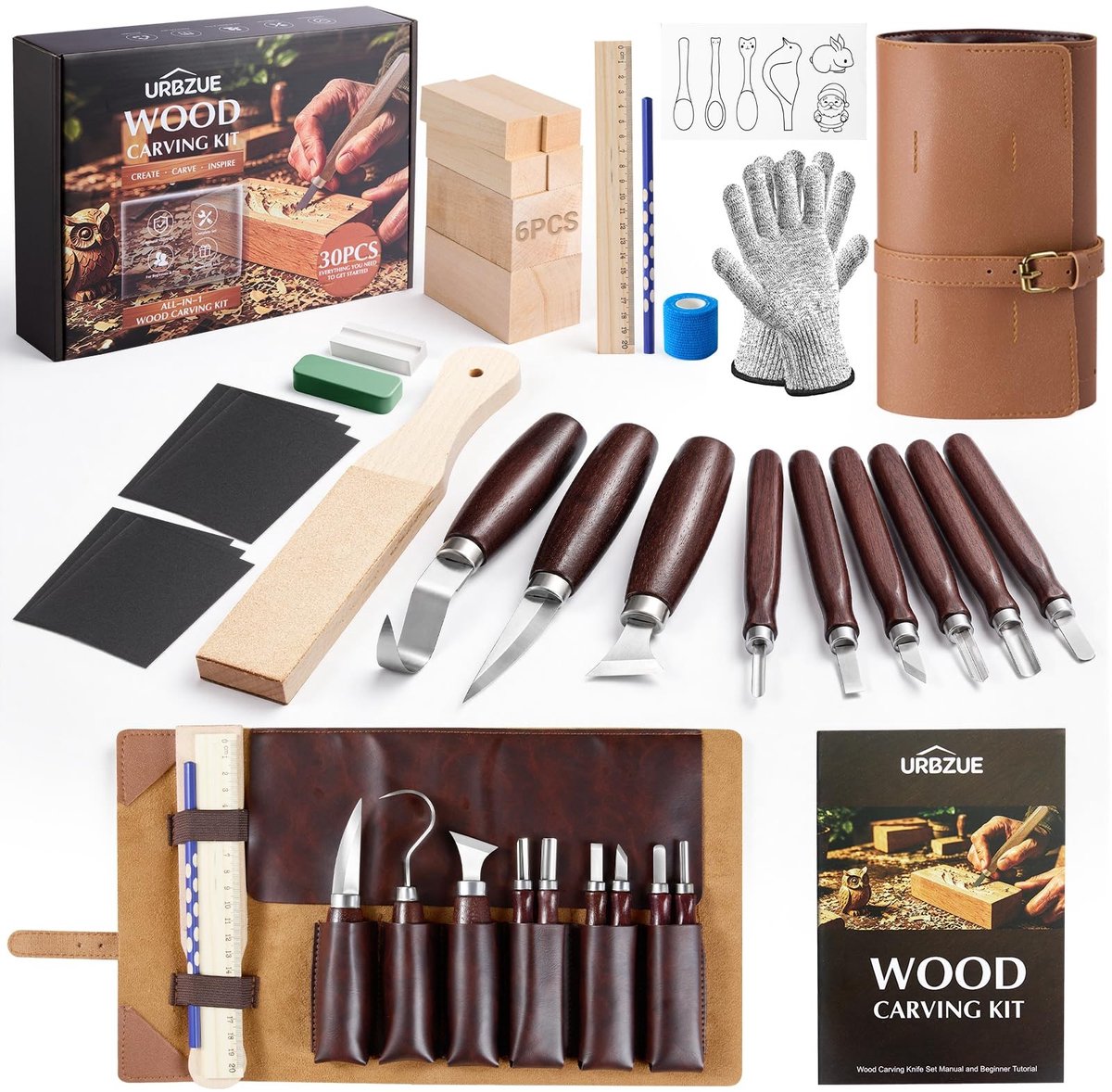 Solidchoice - 30-delige Houtsnijset voor Beginners - Luxe Lederen Etui