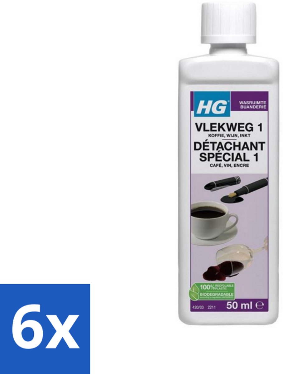 6 x HG - Wasruimte - Vlekweg 1 - Koffie, Wijn & Inkt - 50 ml - Vlekkenverwijderaar - Vlekken Uit Textiel - Koffie Vlekken - Wijn Vlekken - Inkt Vlekken