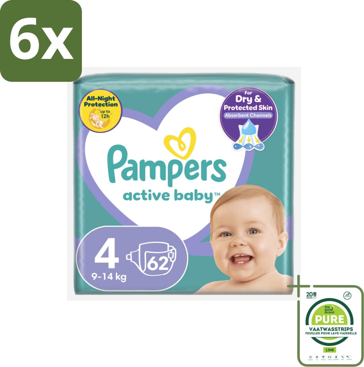 Pampers – Luiers – Active Baby Maat 4 (9-14 kg) – 62 Luiers - Voordeelverpakking - 6 stuks - Luiers voor baby - Droge luiers