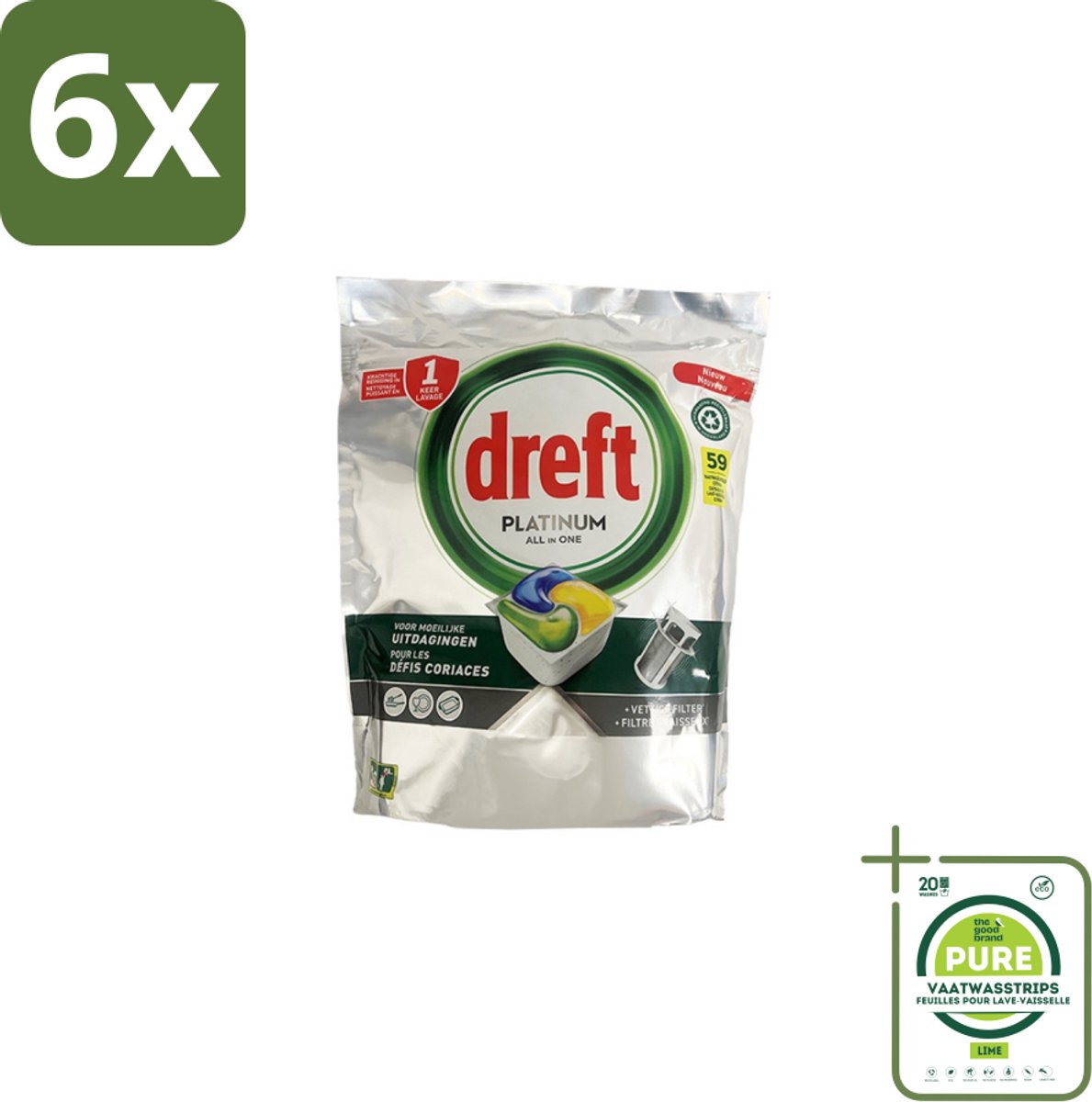 Dreft – Vaatwastabletten – All-in-One Platinum – Lemon – 59 Tabletten - Voordeelverpakking - 6 stuks - Vaatwastabletten - Vaatwasser