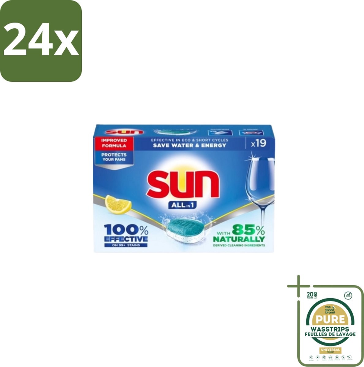 Sun – Vaatwastabletten – All-in-1 Citroen – 19 tabletten - Voordeelverpakking - 24 stuks - Reinigingstabletten - Vaatwasmiddel