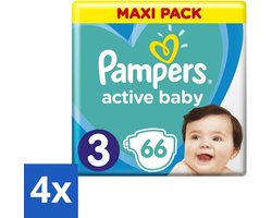 4 x Pampers – Luiers – Active Baby Dry Maat 3 – 66 Luiers - Baby Luier - Droge Luier - Vochtabsorptie - Baby Droogheid - Superabsorberende Kern