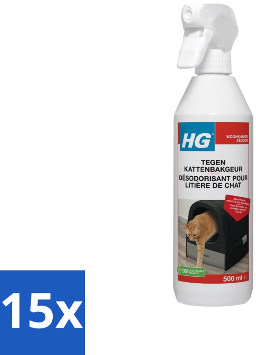 15 x HG Tegen Kattenbakgeur 500 ml - Kattenbakgeur Neutraliseren - Kattenbak Stank Weg - Geurloos Product - Kattenbak Reinigen - Kattenbak Fris Houden