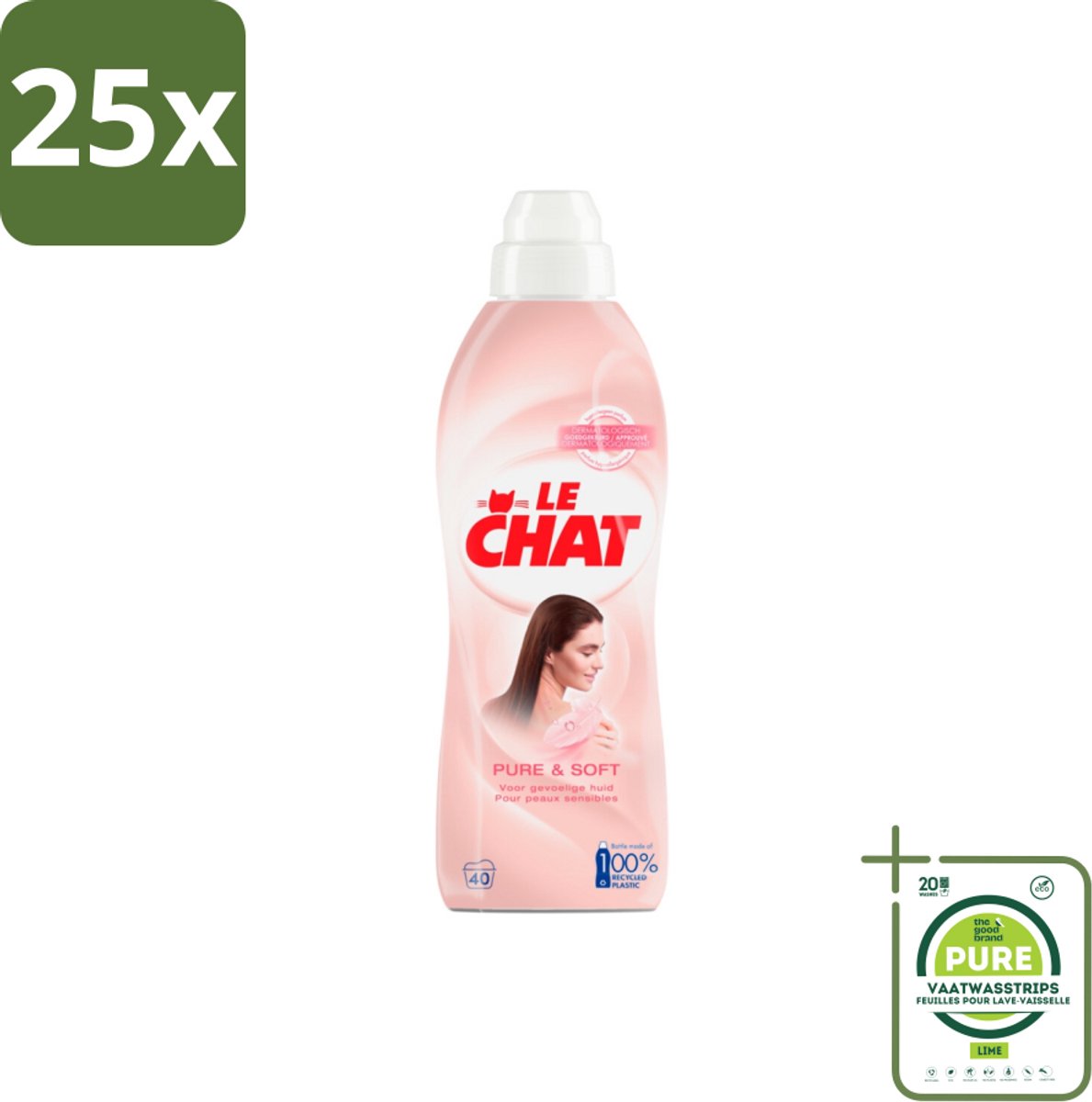 25 x Le Chat Wasverzachter Pure & Soft 40 Wasbeurten 880 ml - Grootverpakking - Wasverzachter - Hypoallergen - Huidvriendelijk - Wasgoed Verzachter - Babykleding
