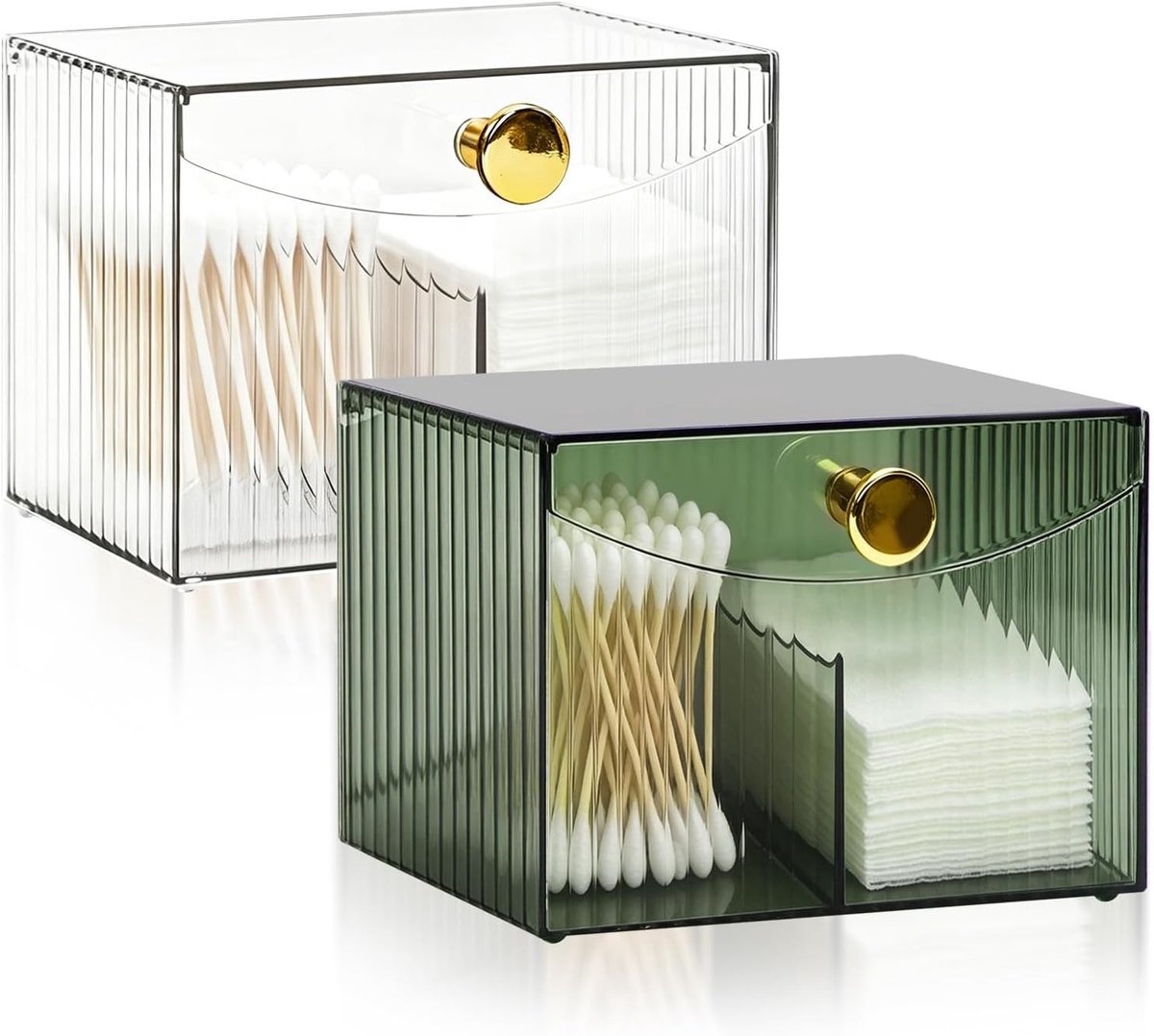 Wattenstaafjeshouder met deksel en wattenschijfdispenser, cosmetica-organizer voor badkamer en kaptafel met vakken en opbergruimte