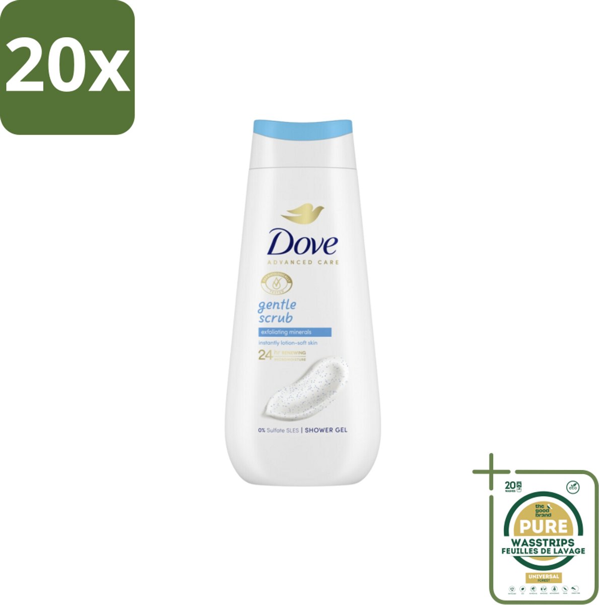 20 x Dove – Douchegel – Advanced Care Gentle Scrub – 225 ml - Grootverpakking - Douchegel - Exfoliatie - Huidverzorging - Zachte Douchegel - Schuim