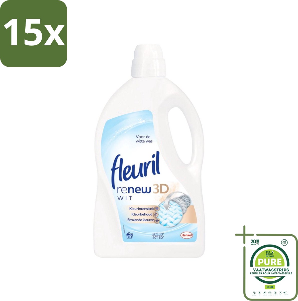 15 x Fleuril - Renew 3D - Vloeibaar Wasmiddel - Witte Was - 70 Wasbeurten - Grootverpakking - Wasmiddel - Vloeibaar Wasmiddel - Witte Was - Wasbeurten - Kleurintensiteit