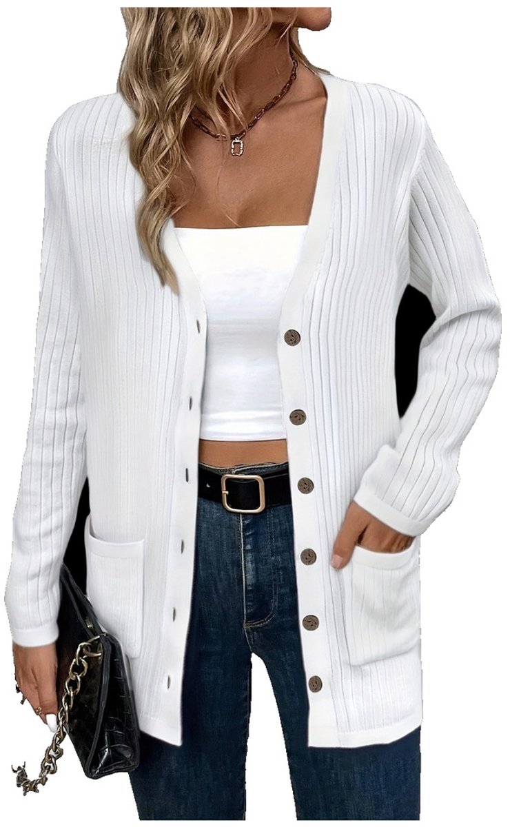 Currero Cardigan Dames Vest Vrouwen Met Knopen Volwassenen Warm Gebreid Vest Long Wit