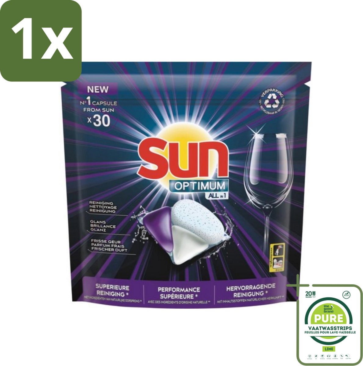 1 x Sun Optimum - All-in-1 - Vaatwasmiddel - Capsules - Maandbox - 30 Capsules - Vaatwasmiddel Capsules - Vaatwasser Capsules - Vaatwasmiddel All-in-1 - Vaatwasser Schoonmaak - Hardnekkige Vlekken