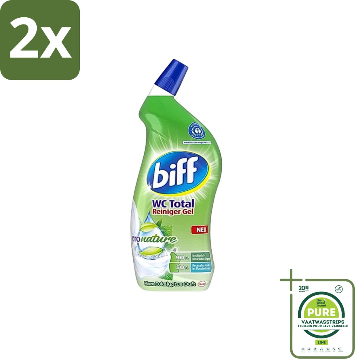 Biff - WC Total Gel - ProNature Toiletreiniger - Mint Eucalyptus 750ml - Voordeelverpakking - 2 stuks - Toilet schoonmaak - Wc reiniger