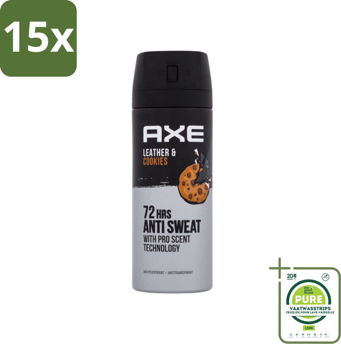 15 x Axe - Deodorant Spray - 72hrs Anti Sweat - Leather & Cookies - 150 ml - Grootverpakking - Axe Deodorant - Deodorant Spray - 72 Uur Bescherming - Anti-transpirant - Mannelijke Geur