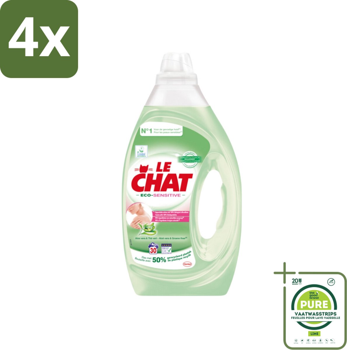 Le Chat Eco-Sensitive - Vloeibaar Wasmiddel - Witte en Gekleurde Was - Aloë Vera & Groene Thee - 30 Wasbeurten - Voordeelverpakking - 4 stuks - Wasmiddel - Ecologisch