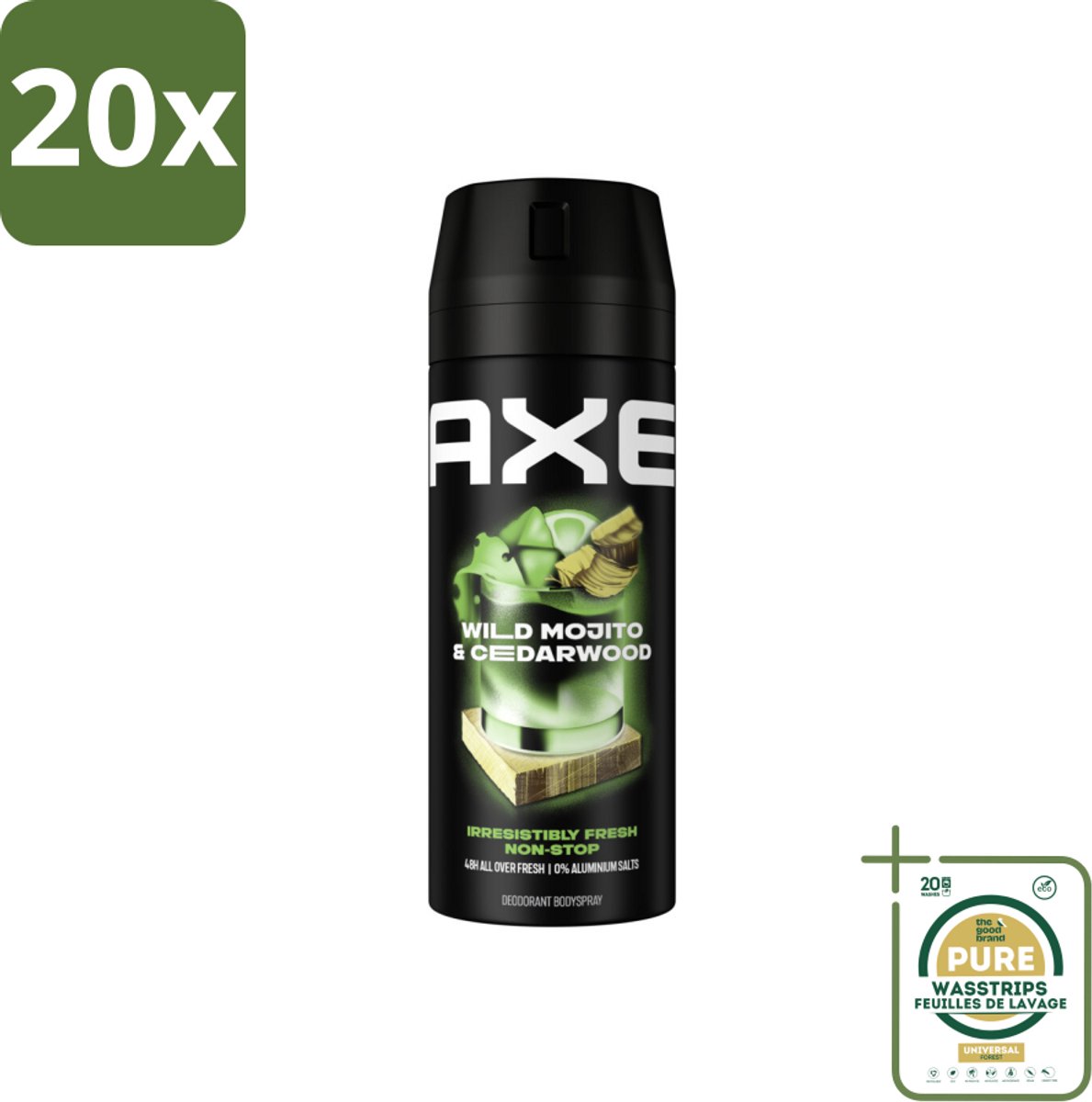 20 x Axe - Deodorant Bodyspray - 48hrs Fresh - Green Mojito & Cedarwood - 150 ml - Grootverpakking - 48 Uur Frisheid - Deodorant Spray - Geur Bestrijding - Frisse Geur - Cederhout