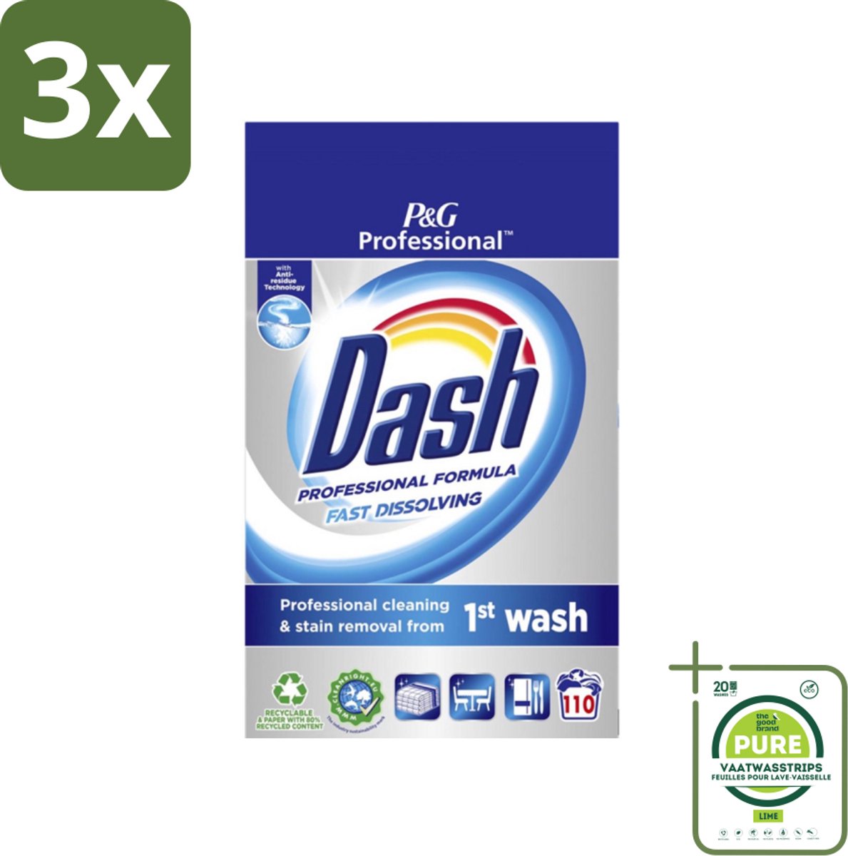 3 x Dash Professional - Snel Oplossend Waspoeder - Witte en Gekleurde Was - 110 Wasbeurten - Grootverpakking - Waspoeder - Wasmiddel - Vlekkenverwijderaar - Professionele Was - Snel Oplosbaar