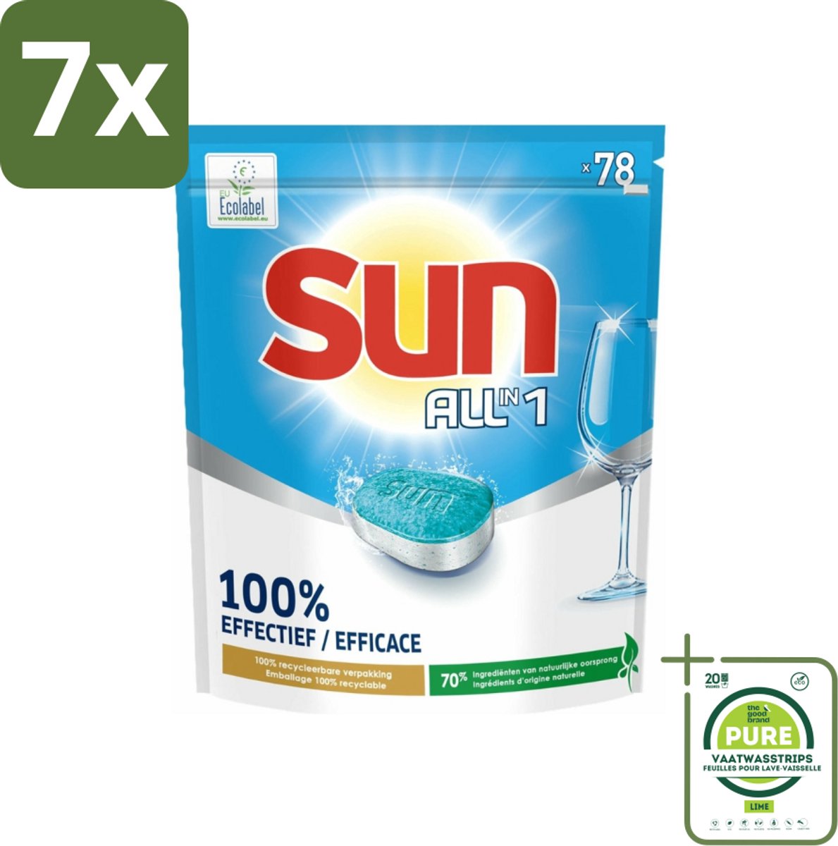 7 x Sun All-in-1 - Eco Label - Vaatwastabletten - 78 Tabletten - Grootverpakking - Vaatwastabletten - Vaatwasser - Ecolabel - Milieuvriendelijk - Vaatreiniger