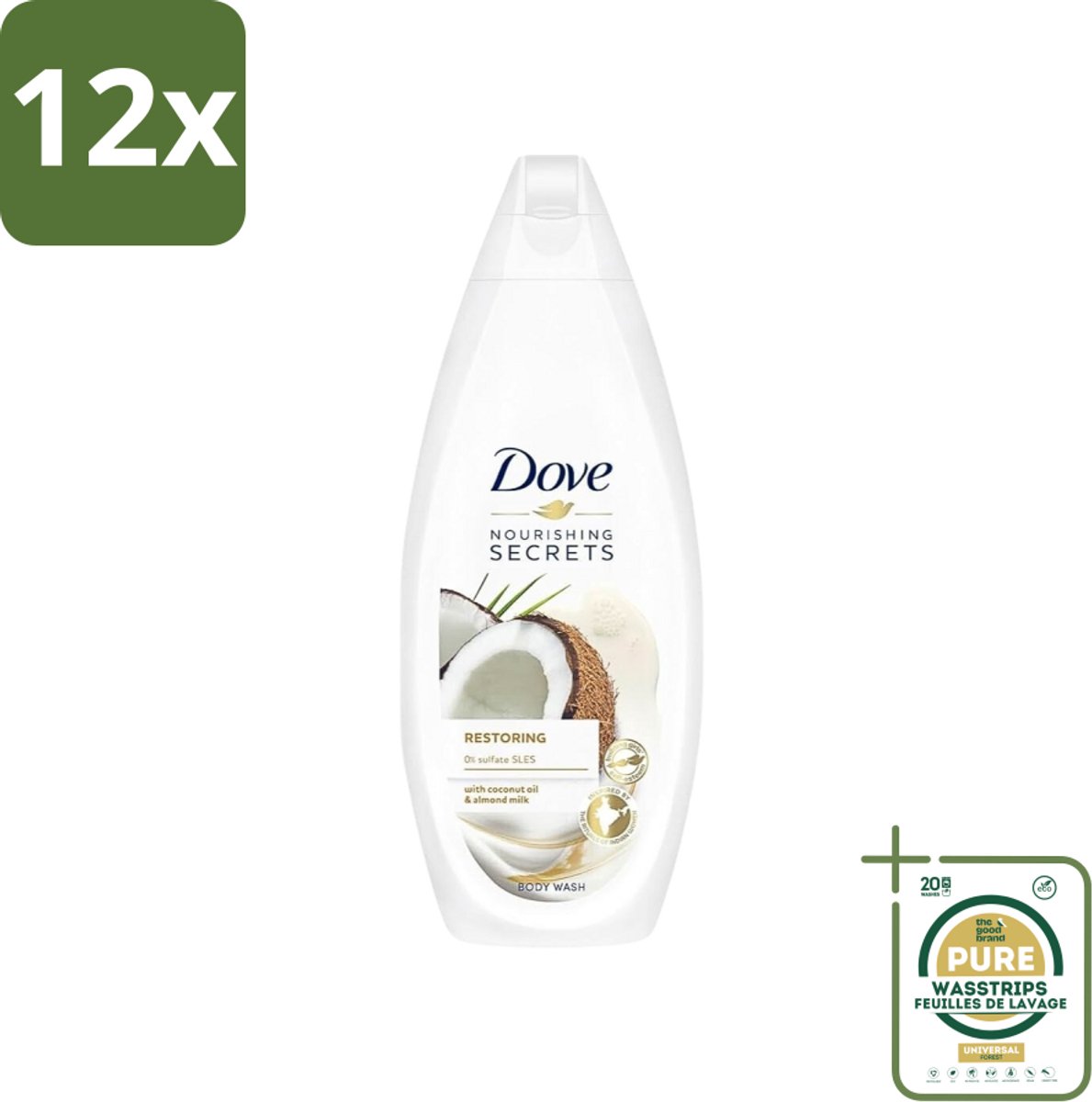 Dove Nourishing Secrets - Douchegel - Kokosolie & Amandel melk - Sulfaatvrij - 250 ml - Voordeelverpakking - 12 stuks - Amandelmelk - Hydratatie