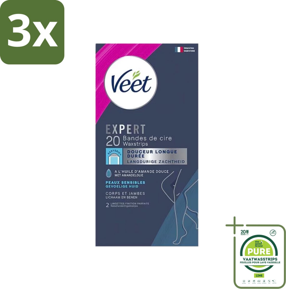 3 x Veet Expertn - Ontharingsstrips - Lichaam & benen - Normale huid - 20 Strips - Grootverpakking - Veet Ontharingsstrips - Ontharen Benen - Ontharen Lichaam - Ontharingsstrips Normale Huid - Ontharingsstrips Amandelolie