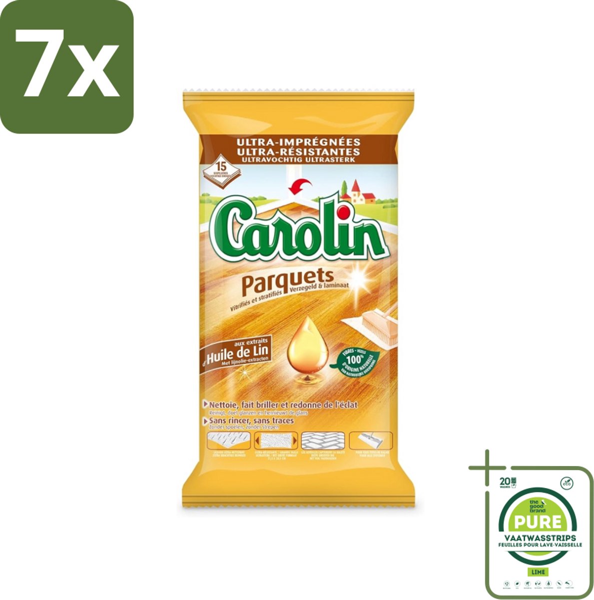 7 x Carolin - Parket Vloerdoekjes - Schoonmaakdoek - Met Lijnolie - 15 Doekjes - Grootverpakking - Parketvloer Schoonmaken - Parketonderhoud - Vloerdoekjes - Lijnolie - Parketglans