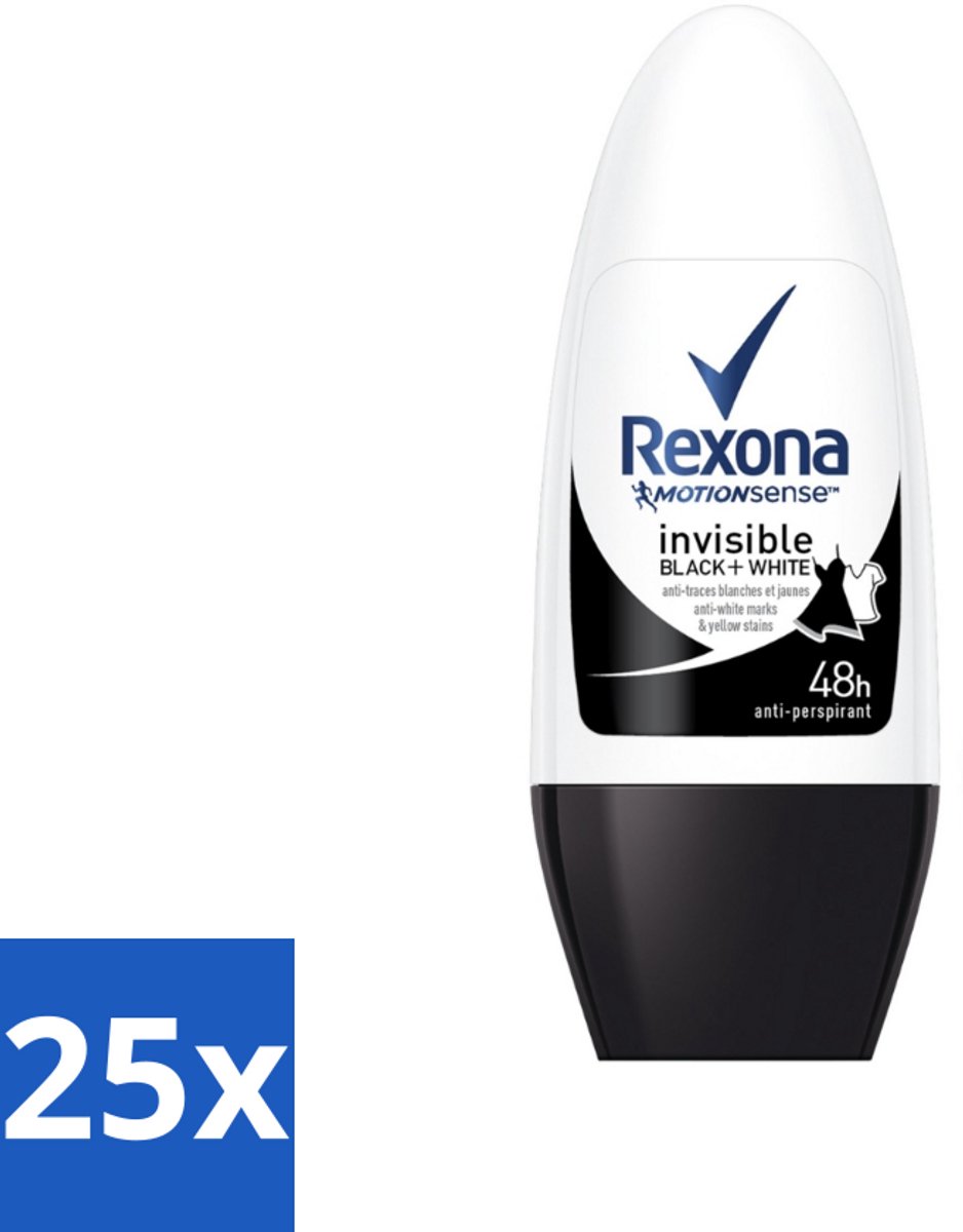 25 x Rexona - Invisible Black & White - Deo Roller - Anti-transpirant - 50 ml - Deodorant - Anti-transpirant - Vlekkenvoorkomend - 48 Uur Bescherming - Roll-on Deodorant