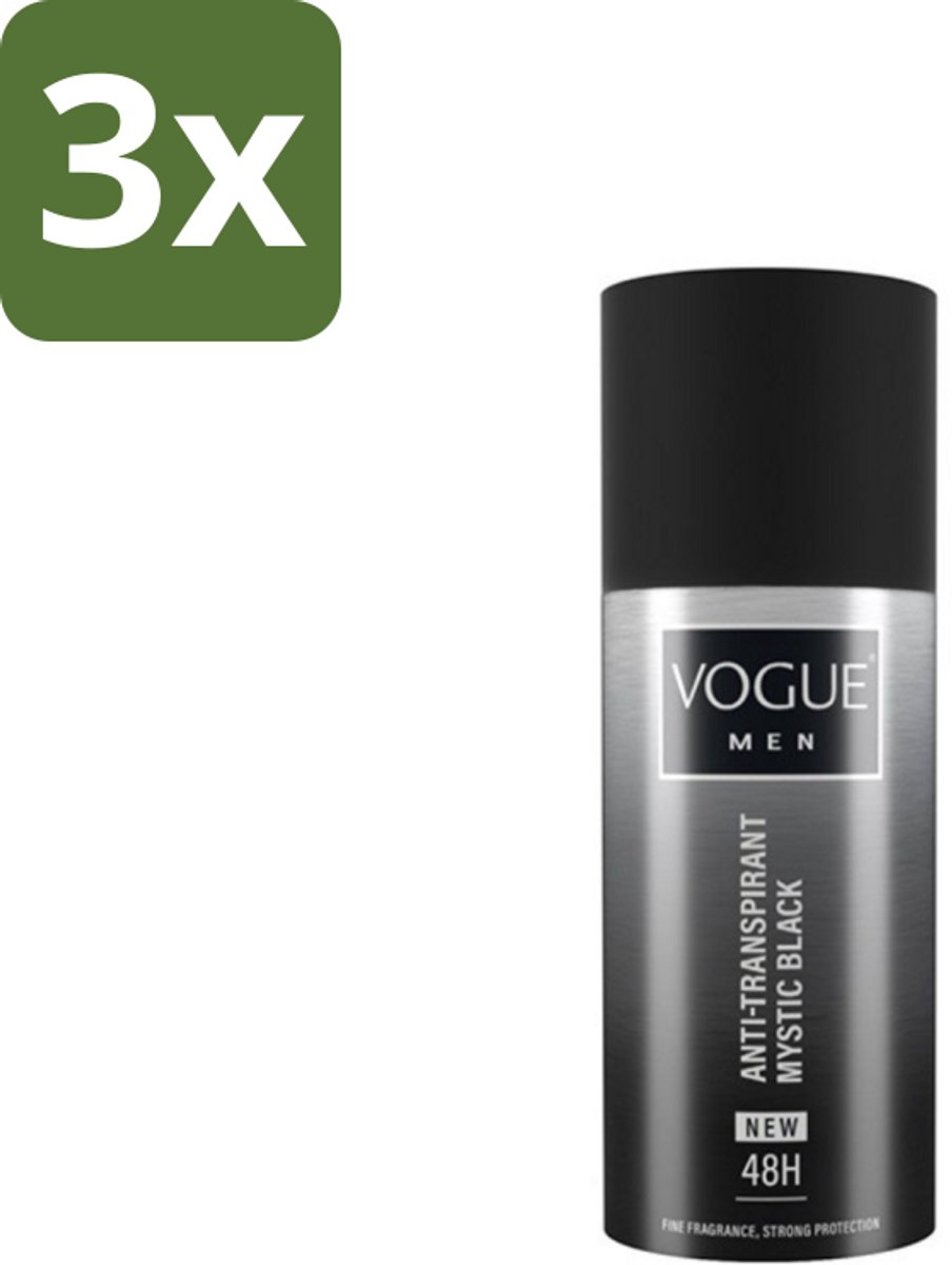 3 x Vogue Men - Mystic Black - Deodorant Spray - Anti-transpirant - 150 ml - Deodorant Spray - Anti-transpirant - Mannelijke Geur - Patchouli - Sandelhout