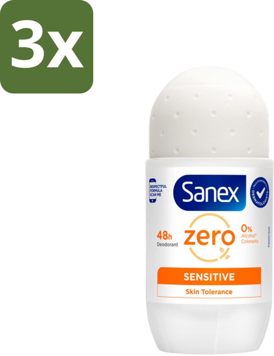 3 x Sanex Deodorant Roller Zero% Sensitive Skin 50 ml - Sanex Deodorant Zero% Sensitive - Alcoholvrije Deodorant - Parabenenvrije Deodorant - Gevoelige Huid - Deodorant Voor Mannen En Vrouwen