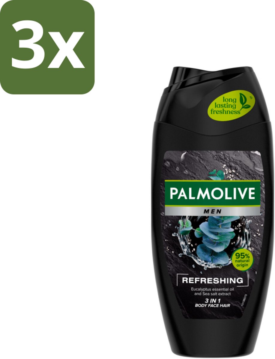 3 x Palmolive Men 3-in-1 Body Face Hair Refreshing Etherische Eucalyptusolie Zeezoutextract 250 ml - Douchegel Voor Mannen - Verfrissende Douchegel - Eucalyptusolie - Citrusolie - Hydraterende Douchegel