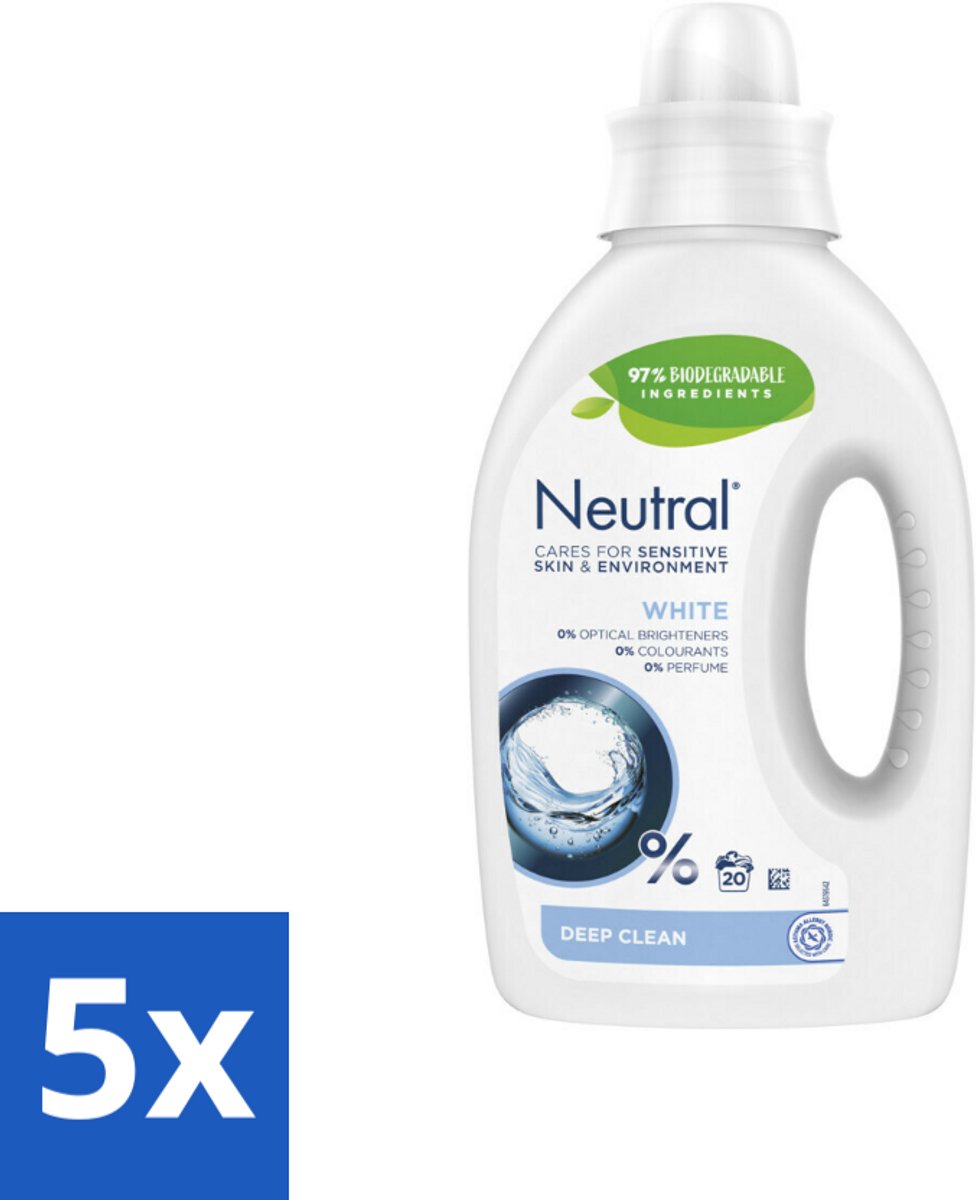 5 x Neutral Vloeibaar Wasmiddel Wit 20 Wasbeurten 1 liter - Gevoelige Huid - Wasmiddel - Wasmachine - Wasmiddel Voor Gevoelige Huid - Parfumvrij