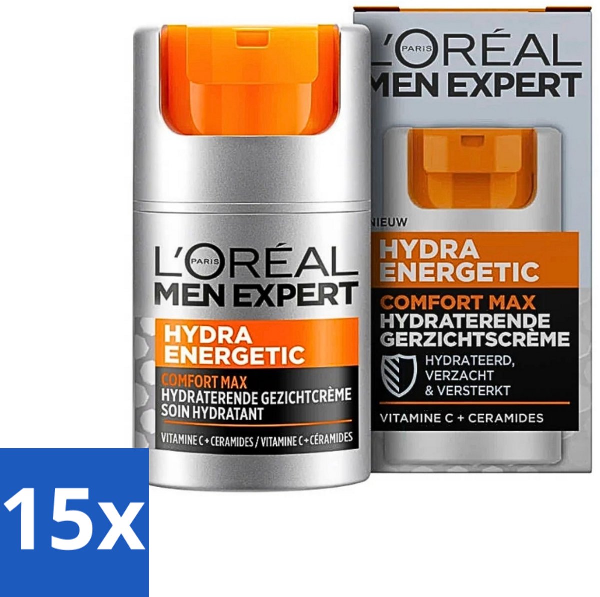 L'Oréal Paris Men Expert Hydra Energetic Comfort Max - Dagcrème - Hydraterend voor Droge Huid - 50 ml - Bulkverpakking - 15 stuks