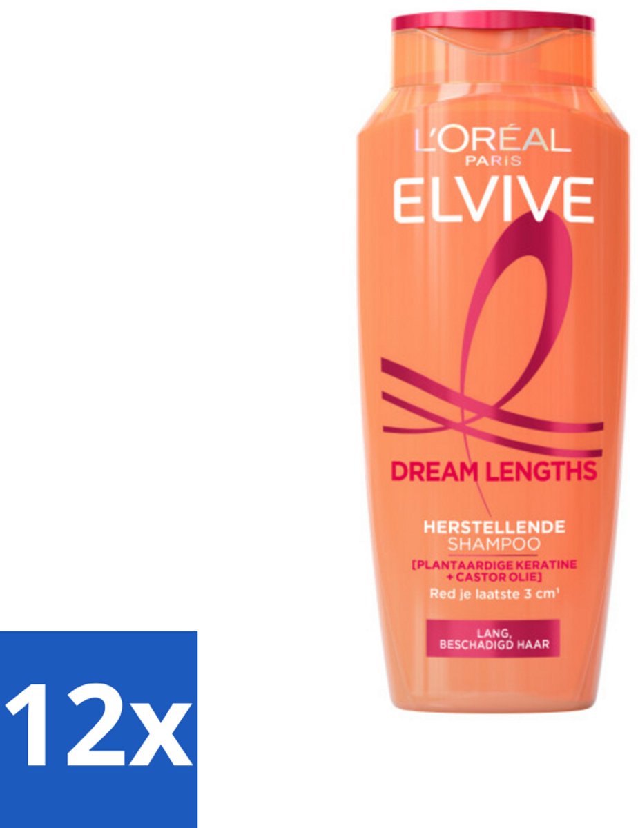 12 x L'Oréal Elvive Dream Lengths Shampoo 250 ml - Lang Haar - Beschadigd Haar - Herstel Shampoo - Keratine Shampoo - Castorolie Shampoo