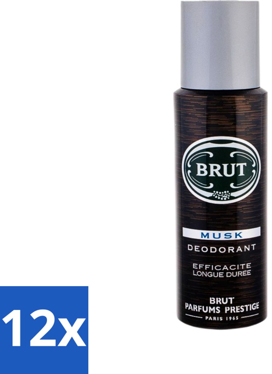 12 x Brut - Deodorant - Spray - Musk - Klassieke mannengeur - 200ml - Brut Musk - Deodorant Spray - Mannelijke Geur - Muskus - Houtachtige Geur