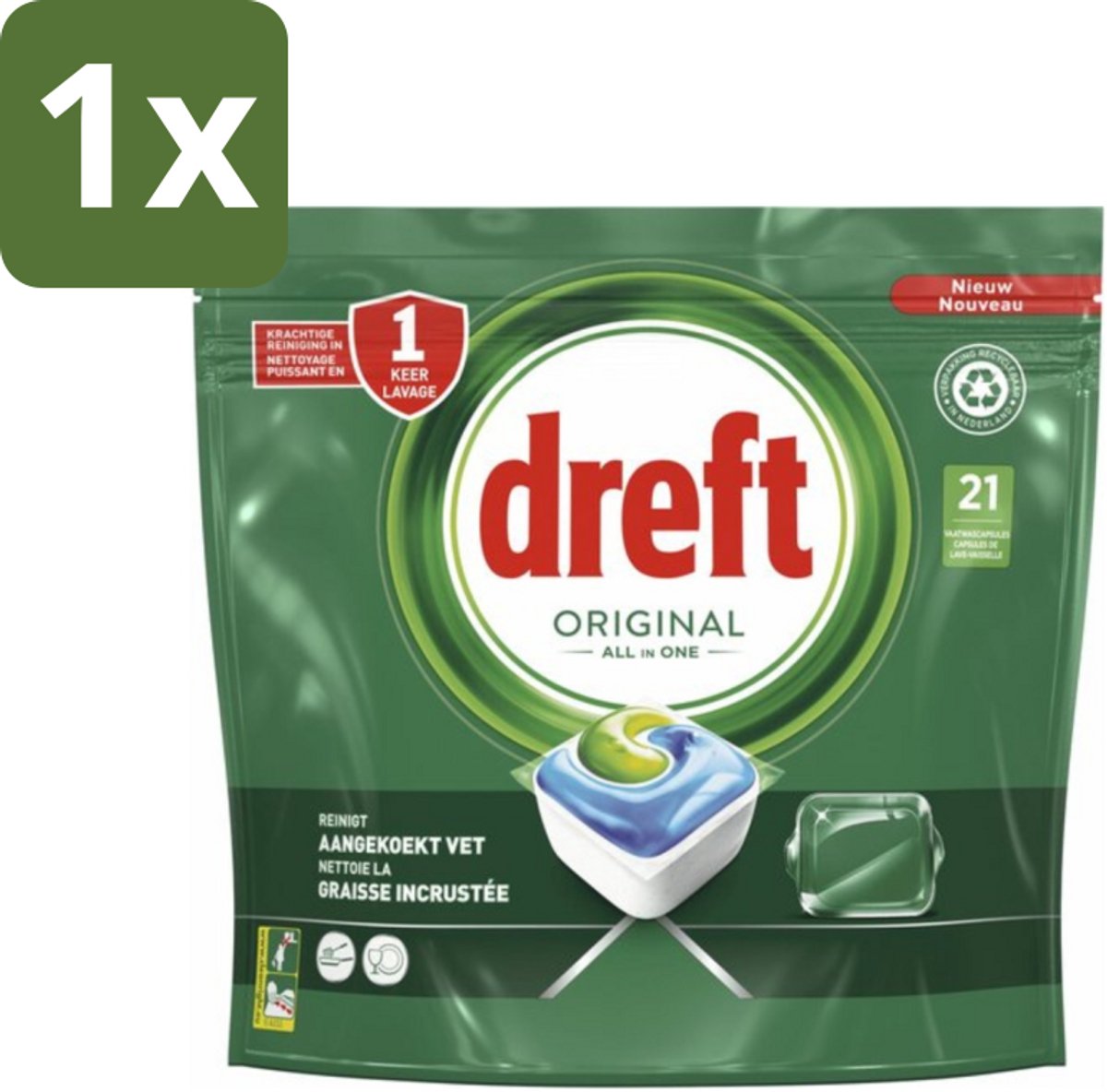 1 x Dreft - Original All In One - Vaatwascapsules - Tegen Aangekoekt Vet - 21 Capsules - Vaatwasser - Vaatwascapsules - Reiniging - Vetoplossing - Aangekoekt Vet