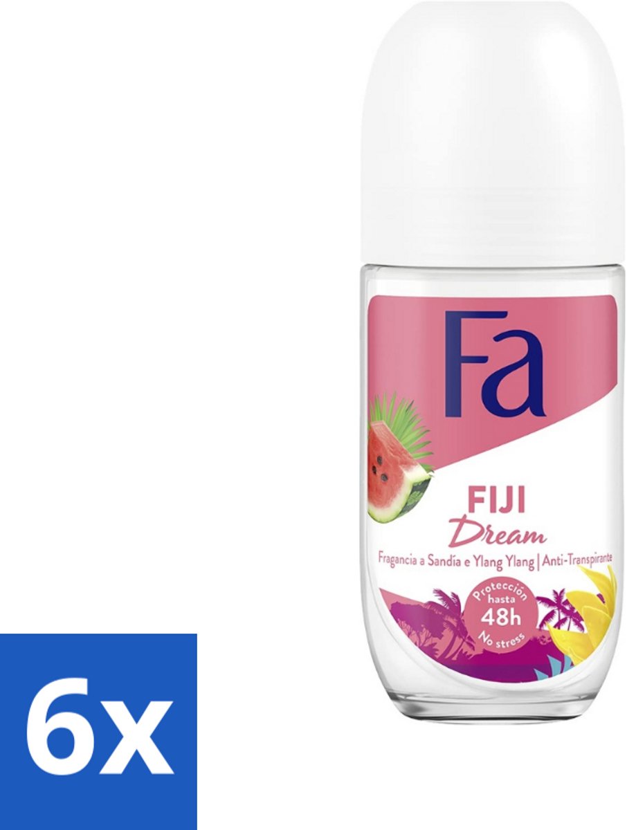 6 x Fa - Deodorant Roller - Fiji Dream - Watermeloen & Ylang Ylang - 48 uur Bescherming - 50 ml - 48 Uur Bescherming - Deodorant Roll-on - Watermeloen Geur - Ylang Ylang Geur - Huidvriendelijk