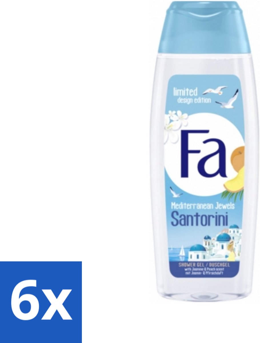 6 x Fa - Douchegel - Mediterranean Jewels Santorini - Verfrissend & Hydraterend - Verzachtend - 250 ml - Douchegel Santorini - Verfrissend Douchegel - Hydraterende Douchegel - Verzachtende Douchegel - Mediterrane Geur