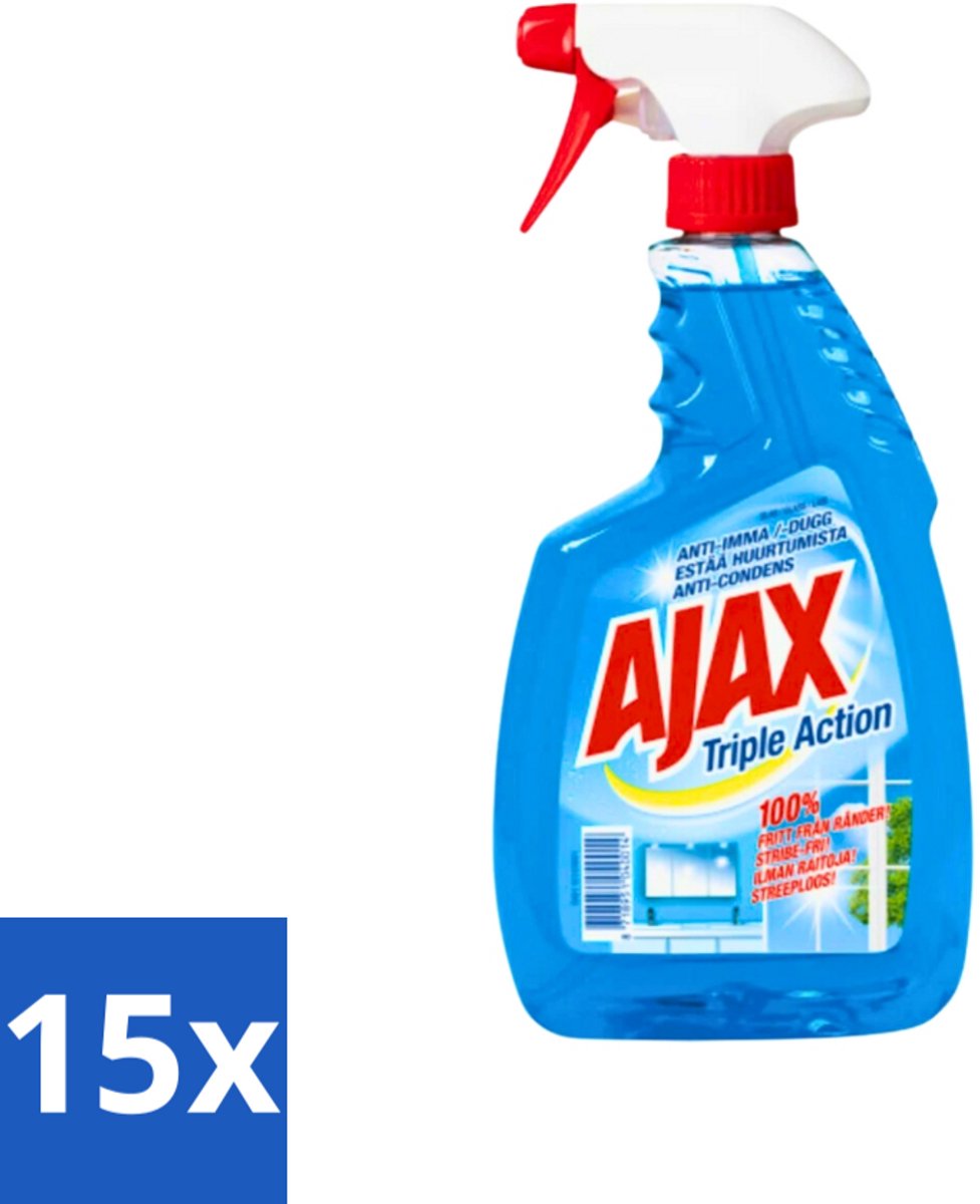 15 x Ajax - Glasreiniger Spray - Triple Action - Streeploos Schoon - Anti-Condens - 750 ml - Glas Reinigen - Ramen Reinigen - Glas Reiniger - Streeploos Schoon - Anti-condens