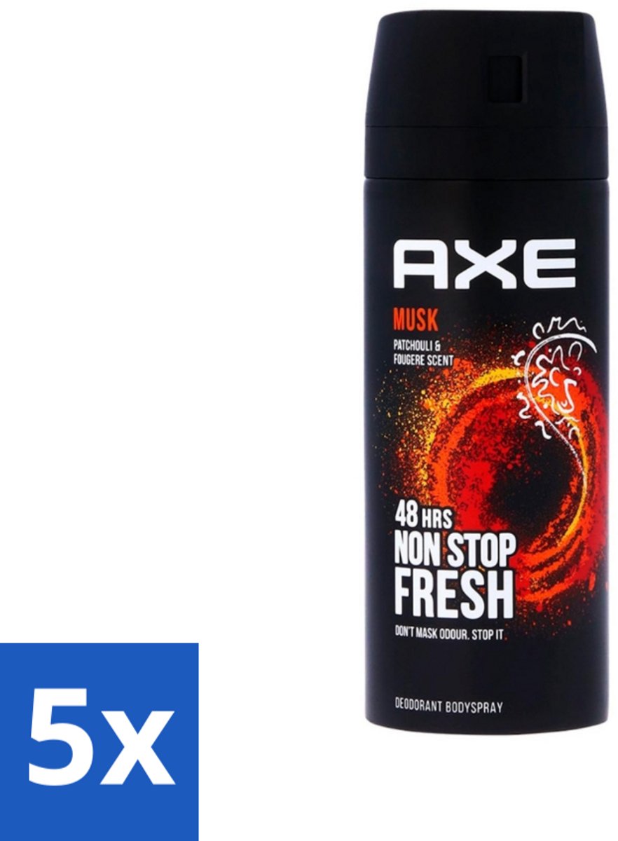 5 x Axe - Deodorant Bodyspray - 48hrs Non Stop Fresh - Musk - Patchouli & Fougere - 150 ml - Axe Musk Deodorant - Musk Deodorant - Deodorant Bodyspray - 48h Fresh - Musk Geur
